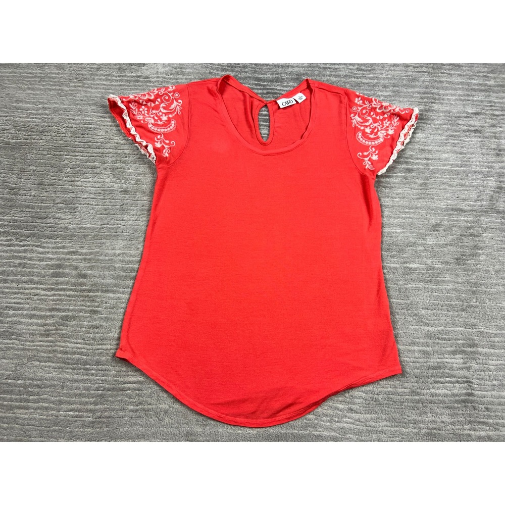 Cato Top Womens Small Red Flutter Sleeve Embroidered Keyhole Back Knit Blouse